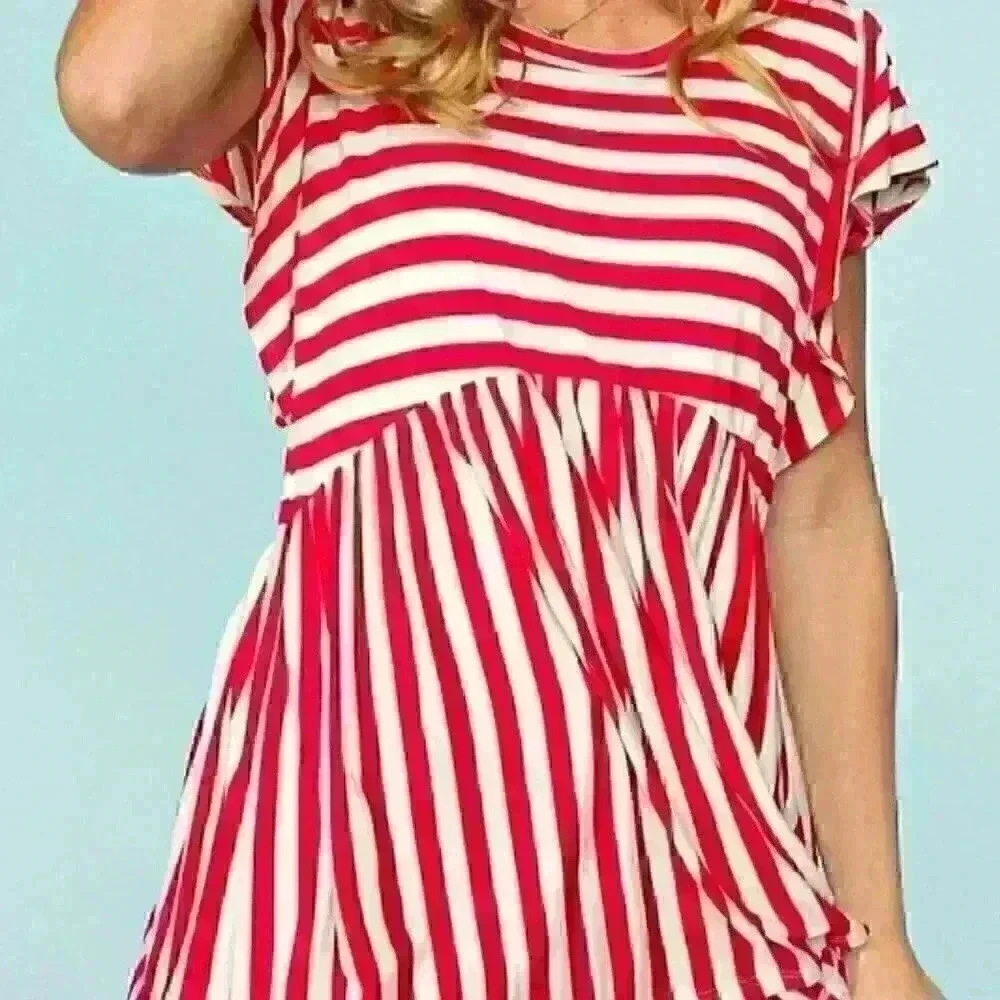 Red and White Stripe Peplum Babydoll Top - Picture 1 of 4
